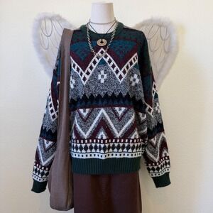 90s Funky Geometric Pattern Knit Granpa Sweater Green Burgundy Granola Girl Dad